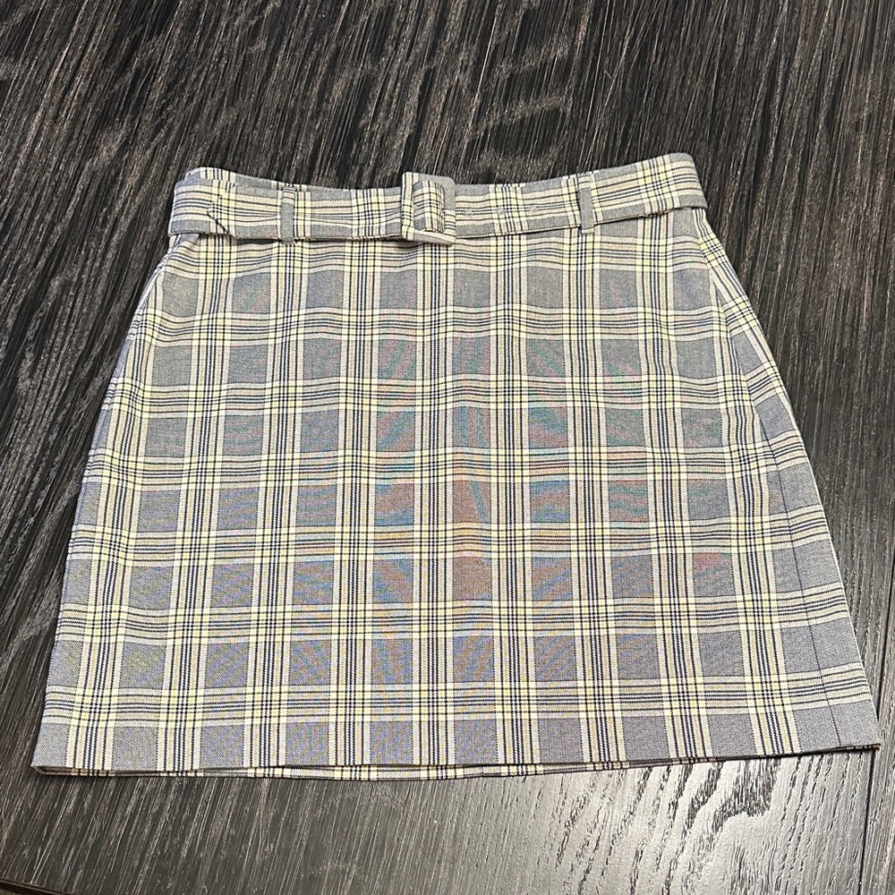 LOFT Plaid Fully Lined Preppy Skirt in Black Yellow White Adjustable Belt, 8